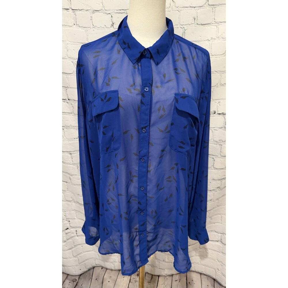 Old Navy sheer royal blue button-down shirt detailed with black Birds Size XXL